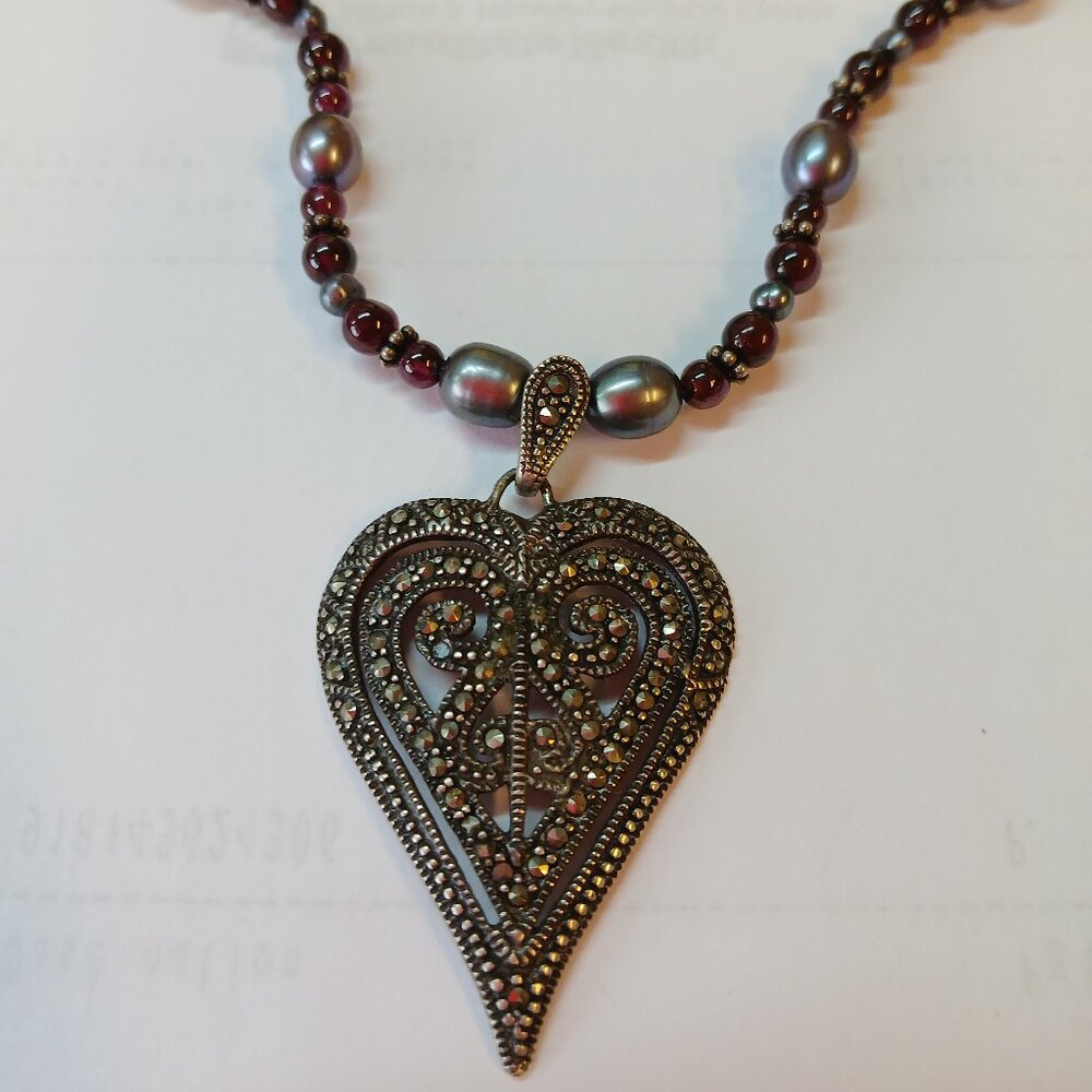 Sterling Silver Marcasite, Garnet and Black Pearl Necklace